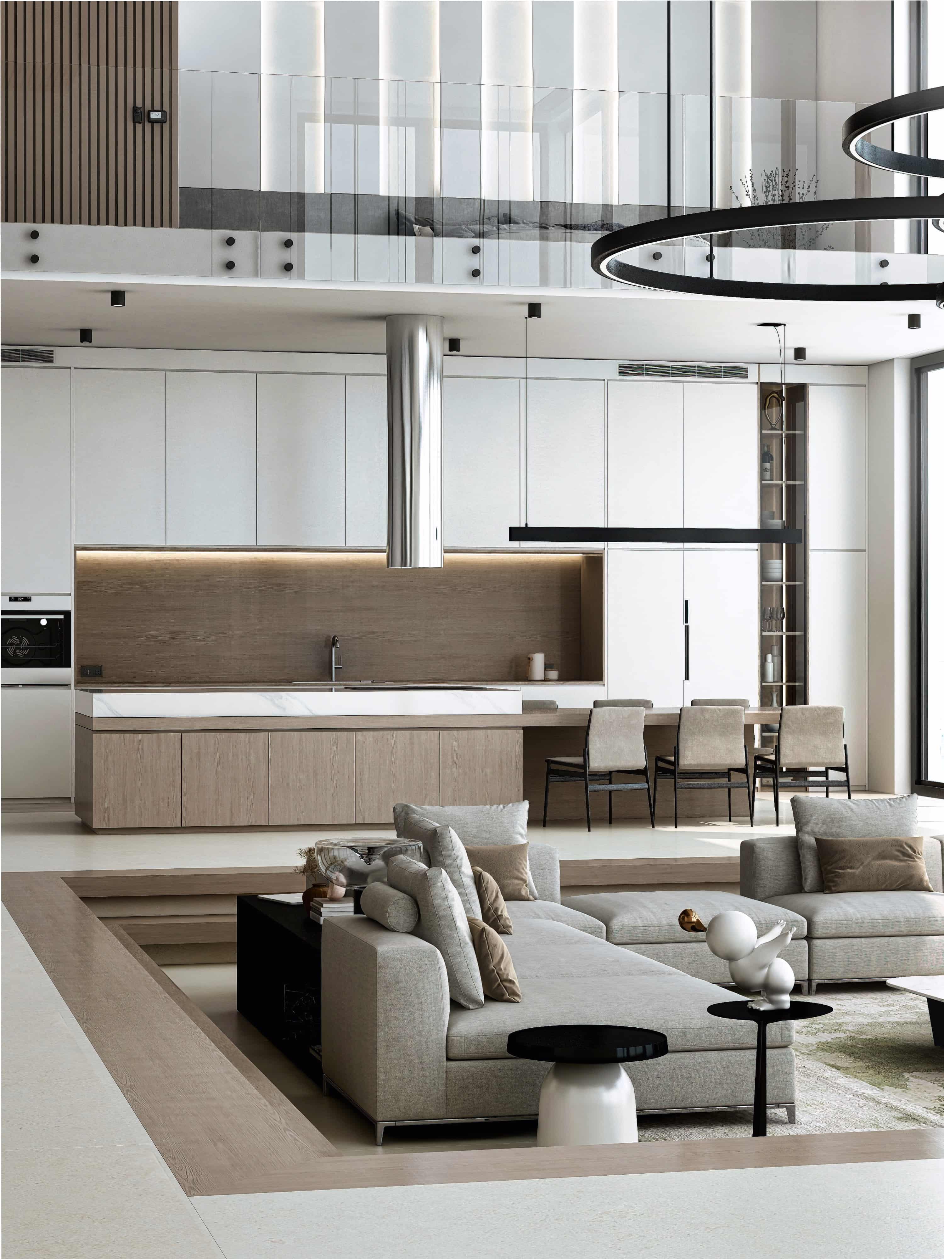 Photorealistic 3D render of a double-height New York City penthouse loft with a sunken living room, grey sectional and open white oak kitchen, Metropolis Retreat by Studio 5