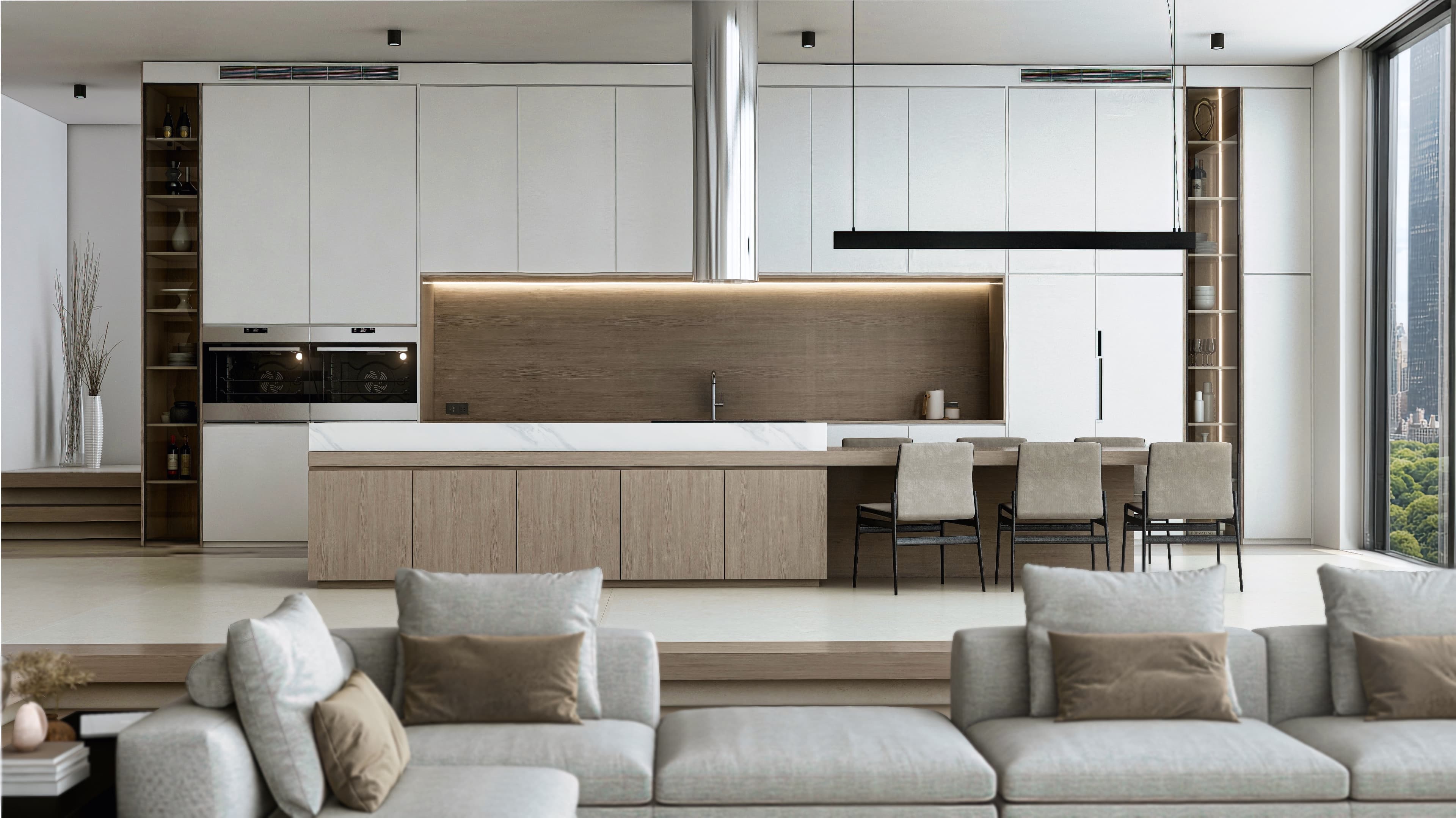Photorealistic 3D render of a double-height New York City penthouse loft with a sunken living room, grey sectional and open white oak kitchen, Metropolis Retreat by Studio 5